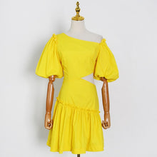 Load image into Gallery viewer, Designer Asymmetric Skew Collar Puff Sleeve Mini Dress - Pretty Fashionation