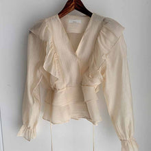 Load image into Gallery viewer, Ruffled Deep V-neck Silk Vintage Chiffon Blouse - Pretty Fashionation