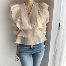 Load image into Gallery viewer, Ruffled Deep V-neck Silk Vintage Chiffon Blouse - Pretty Fashionation