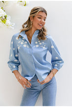 Load image into Gallery viewer, Denim Embroidery Puff Sleeve Stand Collar Blouse