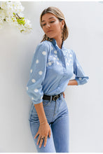 Load image into Gallery viewer, Denim Embroidery Puff Sleeve Stand Collar Blouse