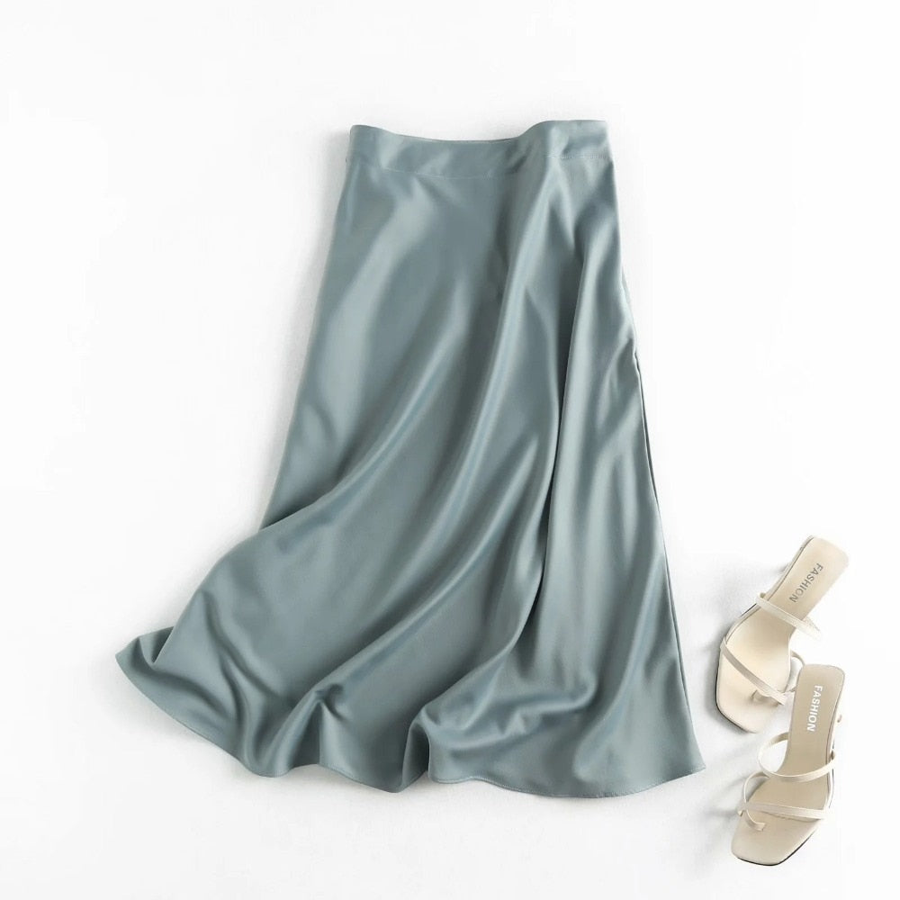 England Style High Waist Satin Midi Skirt - Pretty Fashionation