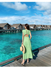 Load image into Gallery viewer, Vintage Boho Floral Green Slit Backless Midi Dress - Pretty Fashionation