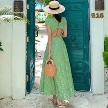 Load image into Gallery viewer, Vintage Boho Floral Green Slit Backless Midi Dress - Pretty Fashionation