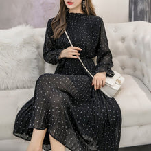 Load image into Gallery viewer, Vintage Black Polka Dot Pleated Chiffon Midi Dress - Pretty Fashionation