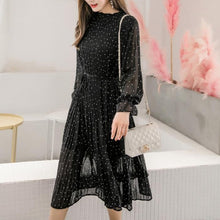 Load image into Gallery viewer, Vintage Black Polka Dot Pleated Chiffon Midi Dress - Pretty Fashionation