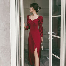 Load image into Gallery viewer, Designer Red Split Puff Sleeve Cocktail Dress