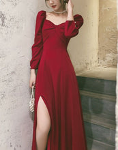 Load image into Gallery viewer, Designer Red Split Puff Sleeve Cocktail Dress