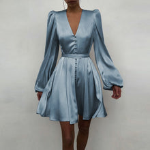 Load image into Gallery viewer, Satin Fit and Flare Lantern Sleeve Empire Dress