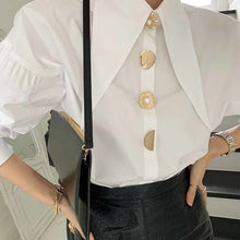 Load image into Gallery viewer, Designer Golden Button Lantern Sleeve Shirt Blouse