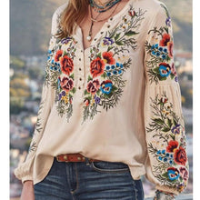 Load image into Gallery viewer, Bohemian Floral Embroidery Lantern Sleeve Blouse