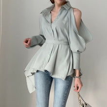 Load image into Gallery viewer, Hollow Out Tie-Waist Shirt Blouse - Pretty Fashionation