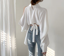 Load image into Gallery viewer, Hollow Out Tie-Waist Shirt Blouse - Pretty Fashionation
