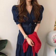 Load image into Gallery viewer, Ruffled Puff Sleeve Denim V-neck Empire Belted Dress - Pretty Fashionation