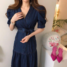 Load image into Gallery viewer, Ruffled Puff Sleeve Denim V-neck Empire Belted Dress - Pretty Fashionation