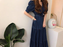 Load image into Gallery viewer, Ruffled Puff Sleeve Denim V-neck Empire Belted Dress - Pretty Fashionation