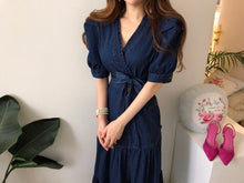 Load image into Gallery viewer, Ruffled Puff Sleeve Denim V-neck Empire Belted Dress - Pretty Fashionation