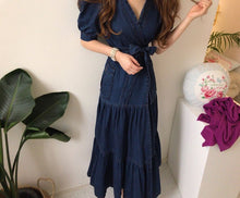 Load image into Gallery viewer, Ruffled Puff Sleeve Denim V-neck Empire Belted Dress - Pretty Fashionation