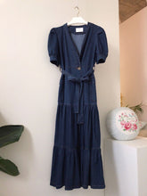 Load image into Gallery viewer, Ruffled Puff Sleeve Denim V-neck Empire Belted Dress - Pretty Fashionation