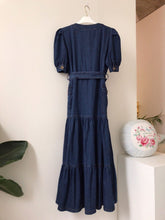 Load image into Gallery viewer, Ruffled Puff Sleeve Denim V-neck Empire Belted Dress - Pretty Fashionation