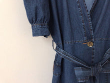 Load image into Gallery viewer, Ruffled Puff Sleeve Denim V-neck Empire Belted Dress - Pretty Fashionation