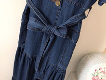 Load image into Gallery viewer, Ruffled Puff Sleeve Denim V-neck Empire Belted Dress - Pretty Fashionation