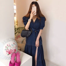 Load image into Gallery viewer, Ruffled Puff Sleeve Denim V-neck Empire Belted Dress - Pretty Fashionation
