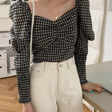 Load image into Gallery viewer, Retro Square Collar Puff Sleeve Plaid Blouse - Pretty Fashionation