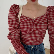 Load image into Gallery viewer, Retro Square Collar Puff Sleeve Plaid Blouse - Pretty Fashionation