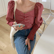 Load image into Gallery viewer, Retro Square Collar Puff Sleeve Plaid Blouse - Pretty Fashionation
