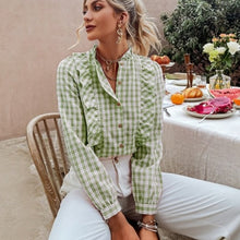 Load image into Gallery viewer, Ruffle Plaid Shirt Blouse