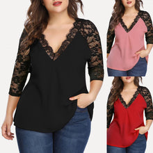Load image into Gallery viewer, Plus Size Three Quarter V-Neck Lace Blouse - Pretty Fashionation