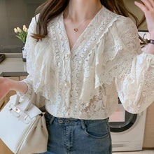 Load image into Gallery viewer, Vintage Lace Ruffled Sweet Pearl Buttons Blouse
