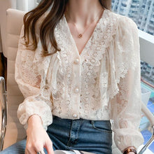 Load image into Gallery viewer, Vintage Lace Ruffled Sweet Pearl Buttons Blouse

