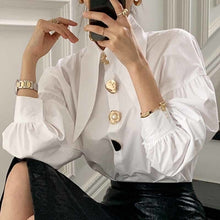 Load image into Gallery viewer, Designer Golden Button Lantern Sleeve Shirt Blouse