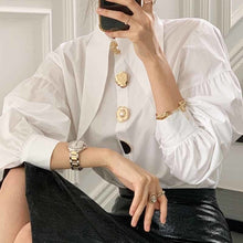 Load image into Gallery viewer, Designer Golden Button Lantern Sleeve Shirt Blouse