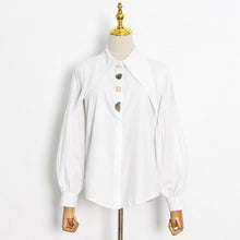 Load image into Gallery viewer, Designer Golden Button Lantern Sleeve Shirt Blouse