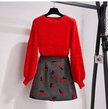 Load image into Gallery viewer, Two Piece Set Mohair Pullover And Embroidery Mini Skirt