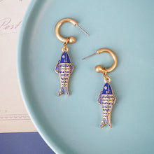 Load image into Gallery viewer, Blue Marine Fish Charms Stud Pendant Earrings