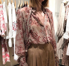 Load image into Gallery viewer, Pink Floral Chiffon Bow Tie Blouse
