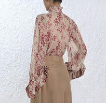 Load image into Gallery viewer, Pink Floral Chiffon Bow Tie Blouse