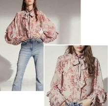 Load image into Gallery viewer, Pink Floral Chiffon Bow Tie Blouse