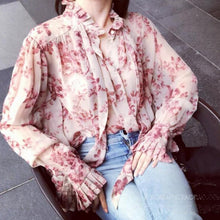 Load image into Gallery viewer, Pink Floral Chiffon Bow Tie Blouse