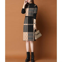 Load image into Gallery viewer, Plaid Knit Patchwork Turtleneck Sweater Dress