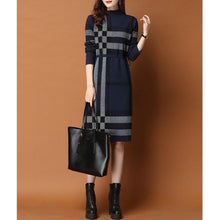 Load image into Gallery viewer, Plaid Knit Patchwork Turtleneck Sweater Dress