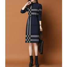 Load image into Gallery viewer, Plaid Knit Patchwork Turtleneck Sweater Dress