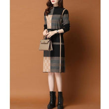Load image into Gallery viewer, Plaid Knit Patchwork Turtleneck Sweater Dress