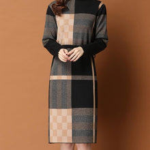 Load image into Gallery viewer, Plaid Knit Patchwork Turtleneck Sweater Dress