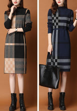 Load image into Gallery viewer, Plaid Knit Patchwork Turtleneck Sweater Dress