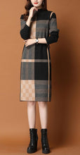 Load image into Gallery viewer, Plaid Knit Patchwork Turtleneck Sweater Dress